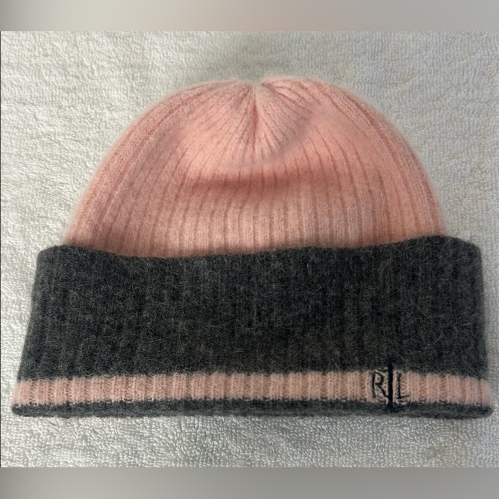 Ralph Lauren Angora & Wool Pink and Gray Knit Beanie. Gorgeous!